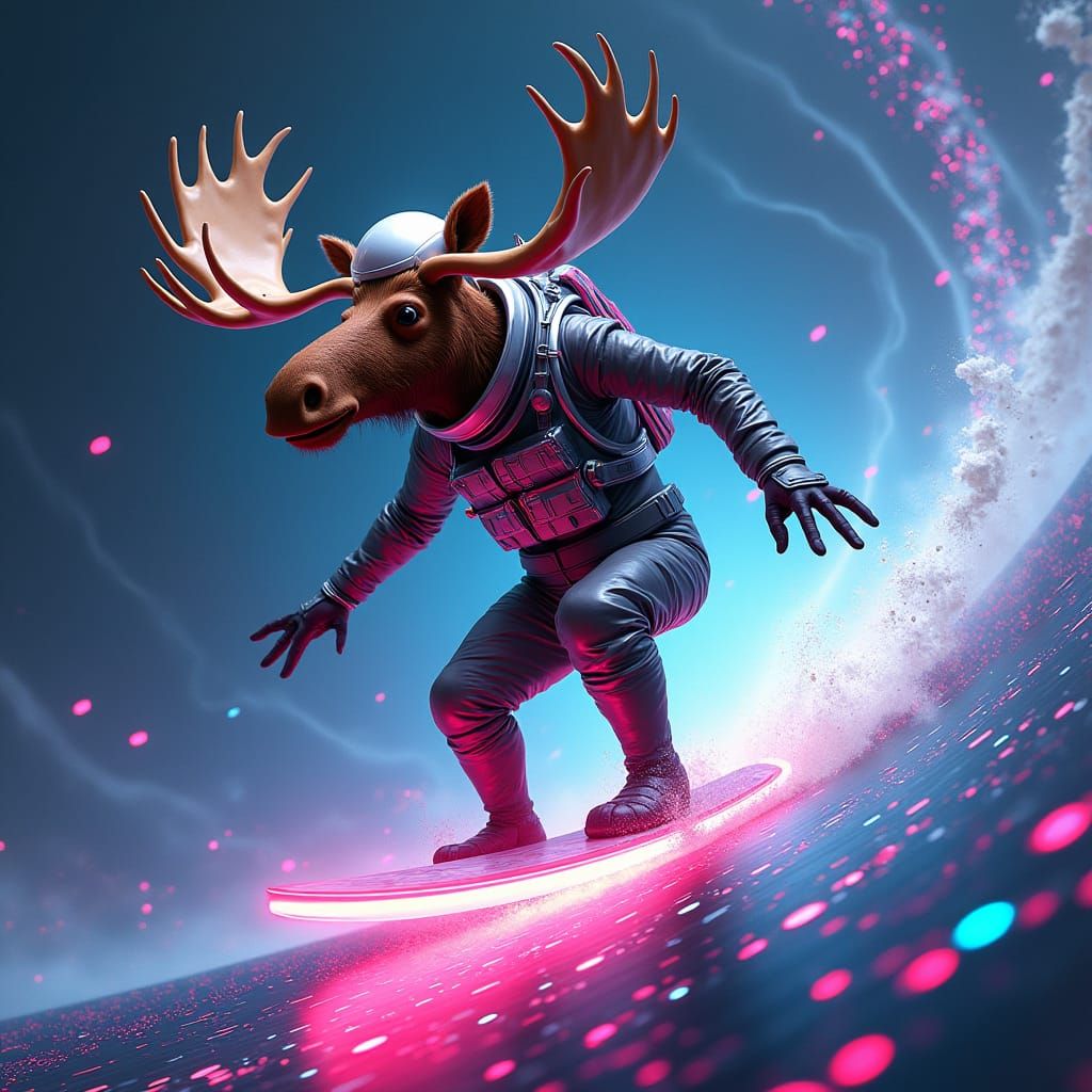 Moose Surfing in Cyberspace in Futuristic Style
