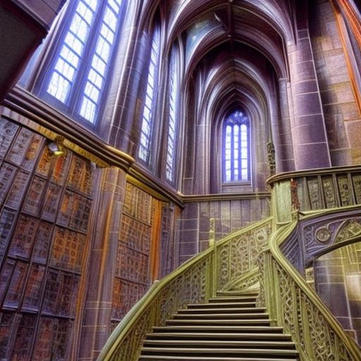 the ultradetailed wide and long stairs of Hogwarts are very detailed, hyperrealistic, high-contrast, balanced colors, sl...