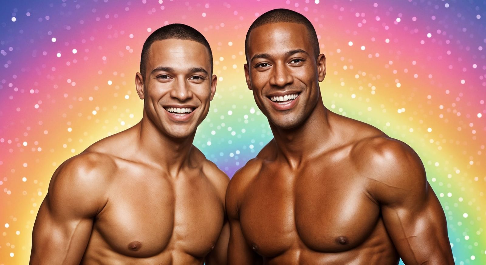 Hyperrealistic Men Smiling with Rainbow Glitter Background