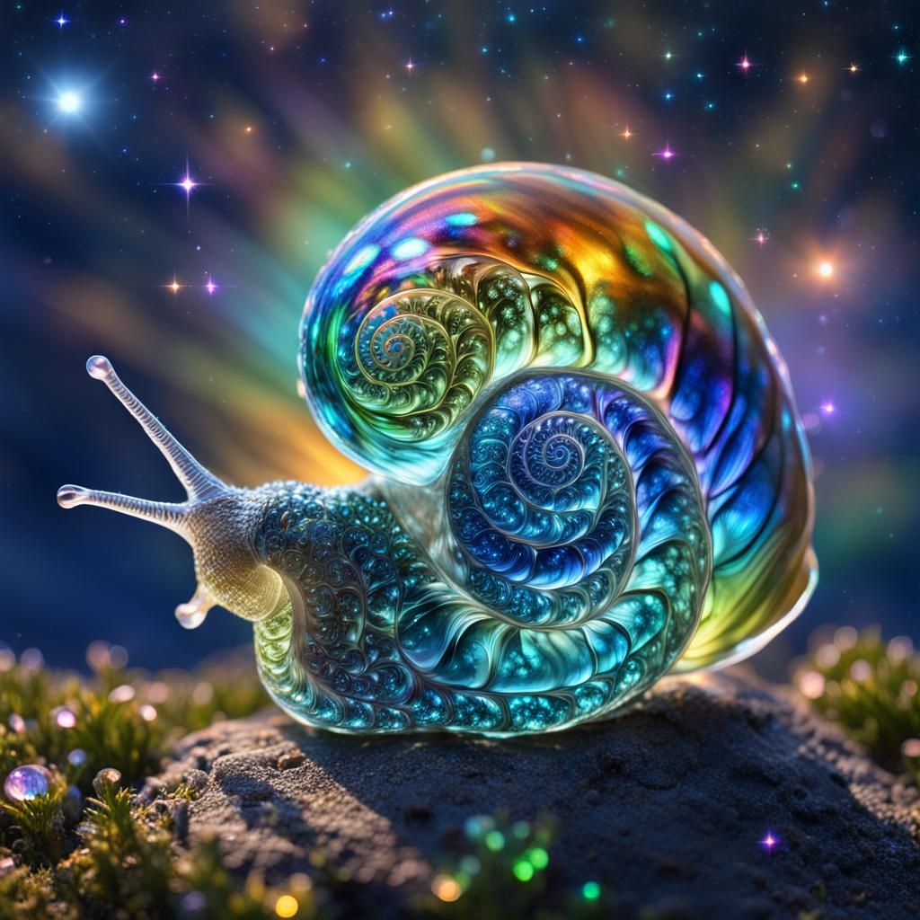 Glowing Glass Snail in Iridescent Rainbow Light