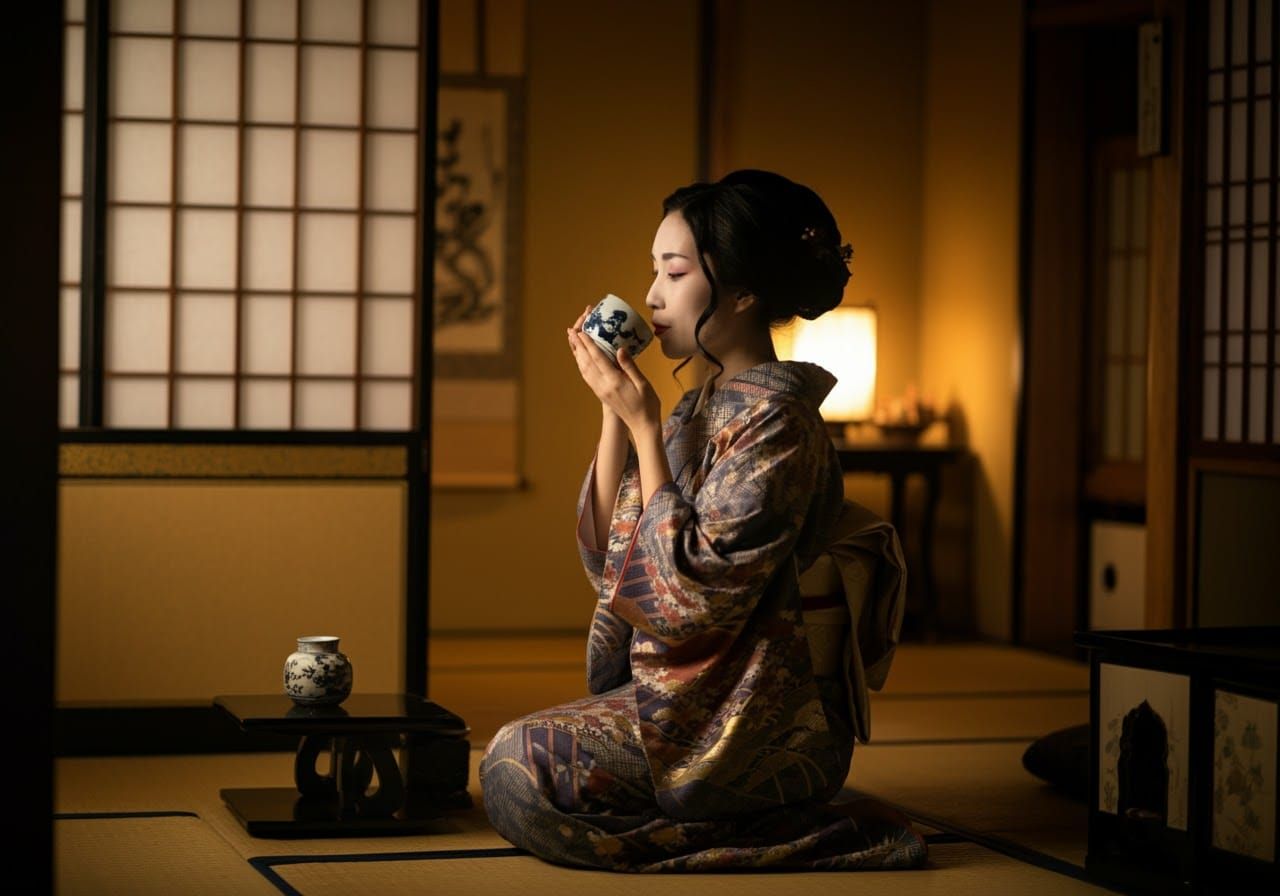 Japanese Woman in Kimono with Golden Lighting