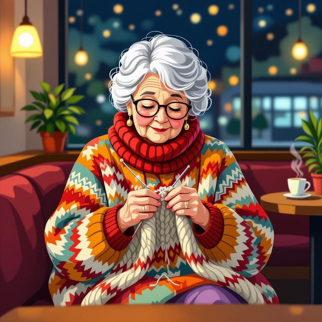 Elderly Woman Knitting a Pullover in Night Cafe