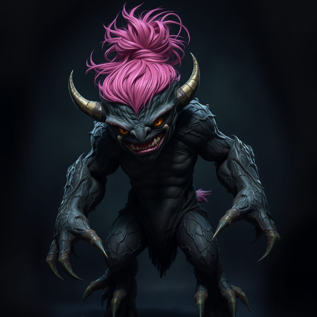 Fierce Bark-Skinned Humanoid Creature with Pink Hair