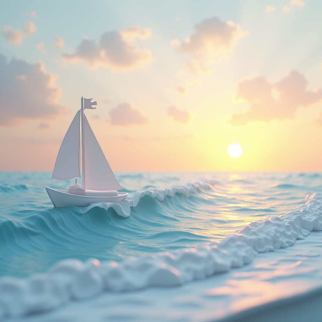 Sunset Ship in Origami Papercraft Style