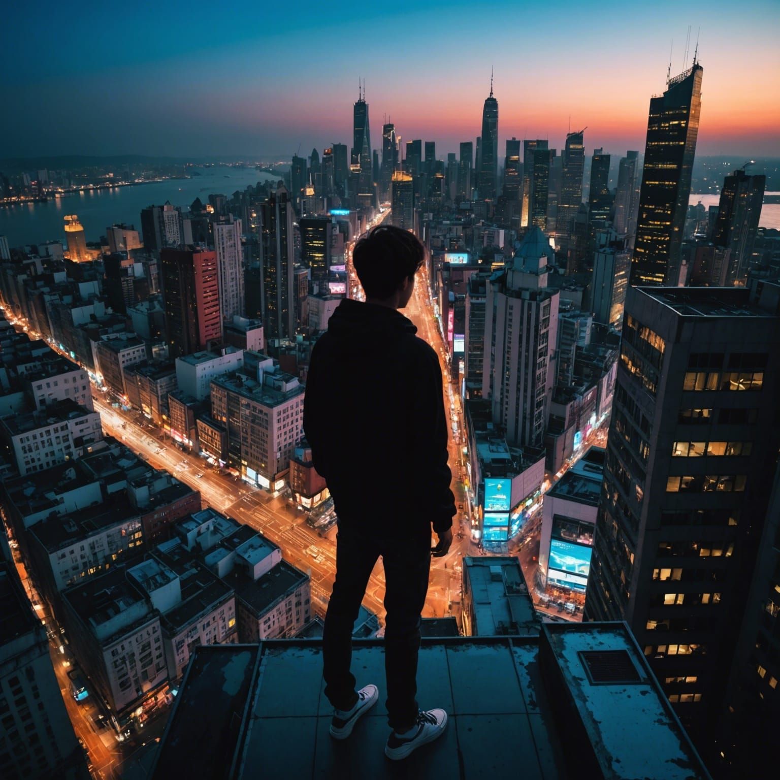 Teenage Silhouette Gazing Over Neon Cityscape