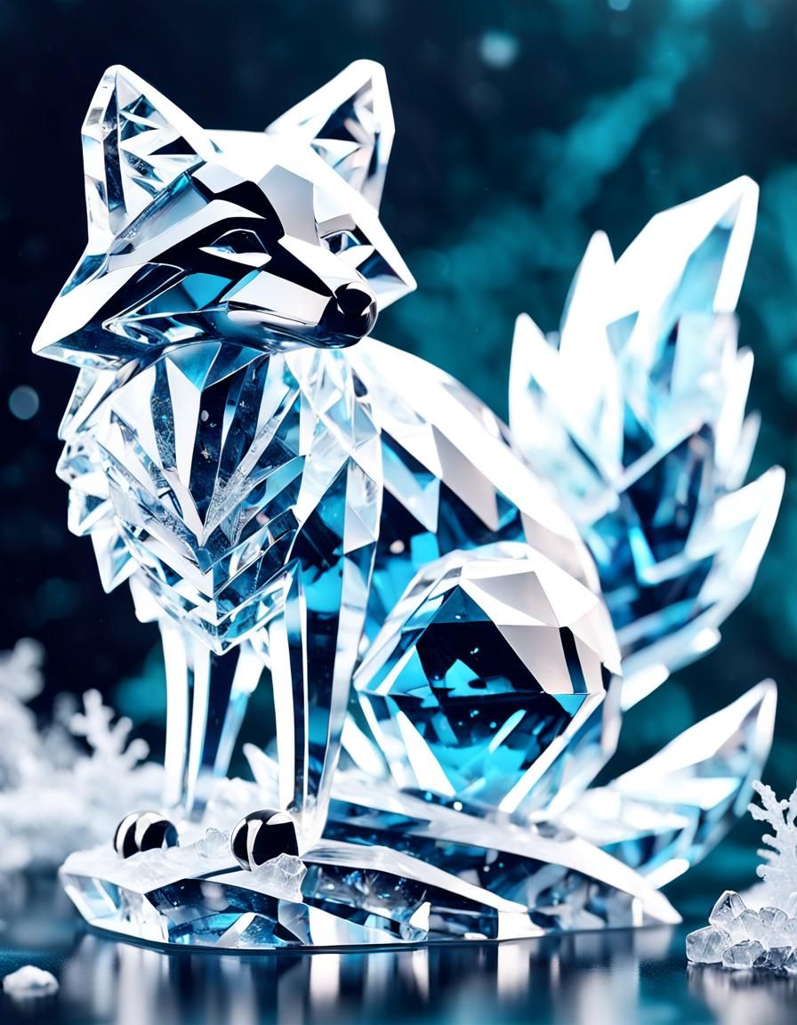 Crystal Ice Fox Sculpture in Winter