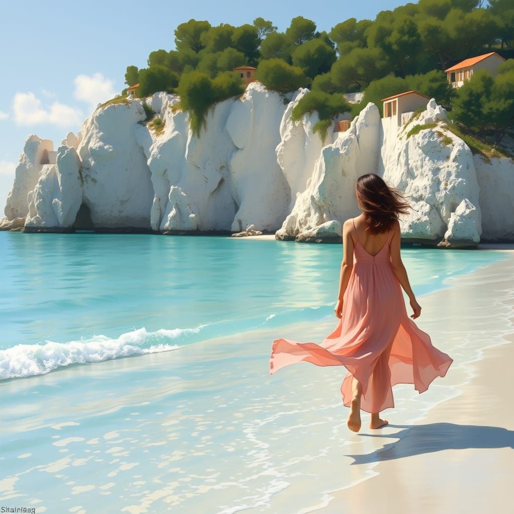 Woman on Turquoise Cyprus Beach in Impressionist Style