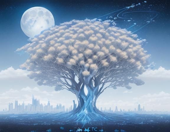 Wandering Cosmic City with White and Blue Architecture