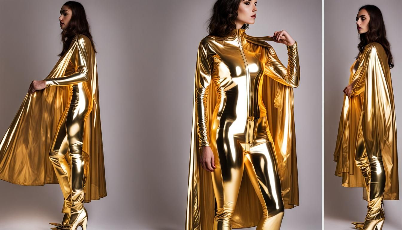 Golden Athena in Reflective Latex Costume
