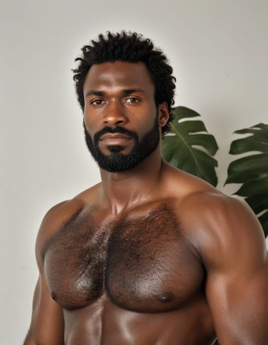 Muscular African Man with Thick Beard and Chest Hair