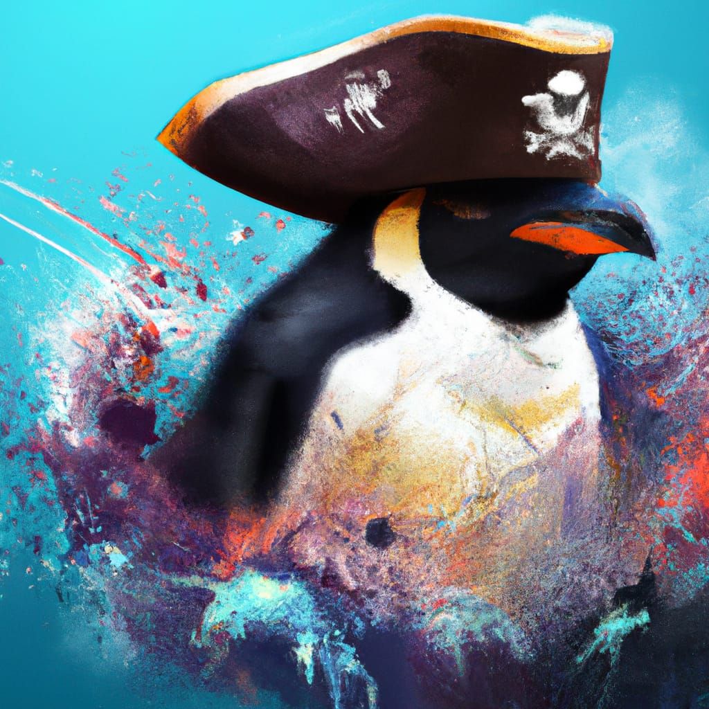 Intricate Pirate Penguin on Ship in Splash Art Style