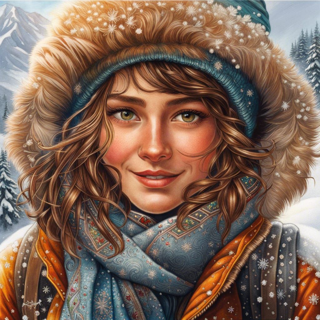 Festive Girl in Himalayas, Pointillist Style