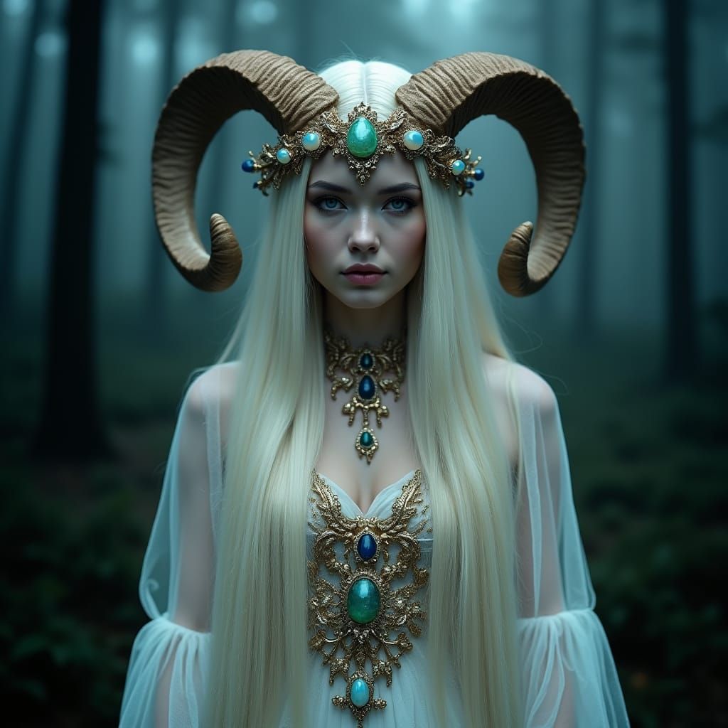 Ethereal Ram-Horned Woman in Misty Forest