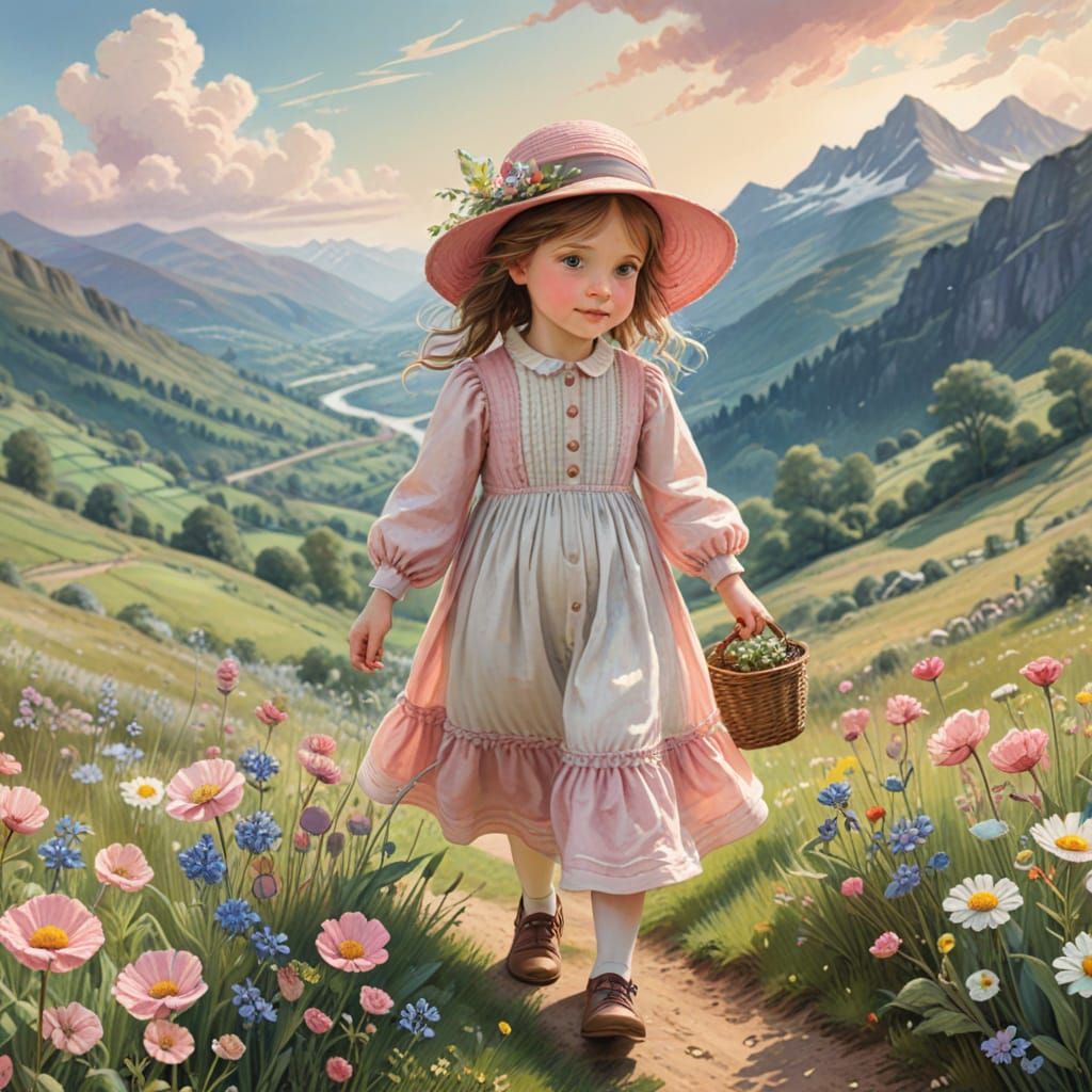 Little Girl in a Hat Picks Flowers in a Whimsical Mountainsc...
