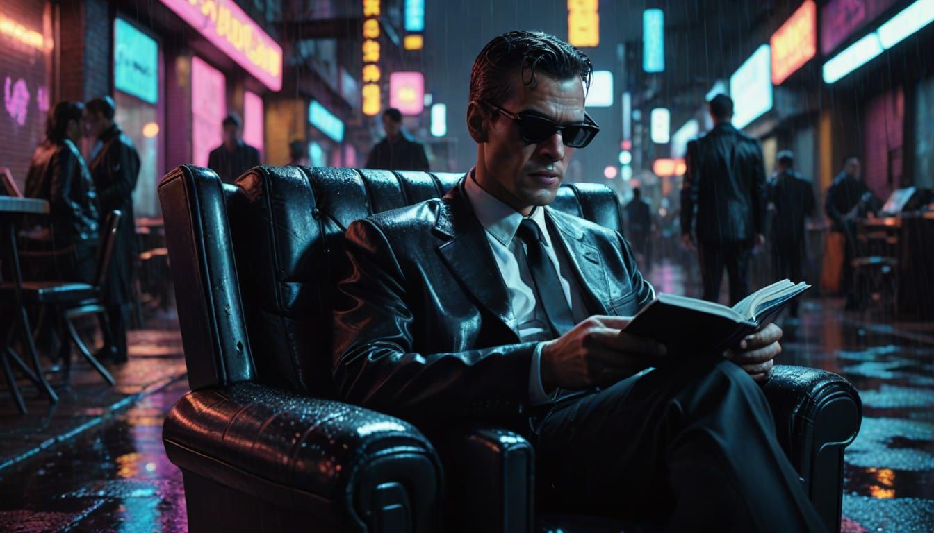Cyberpunk Agent Reading in Neon Cityscape