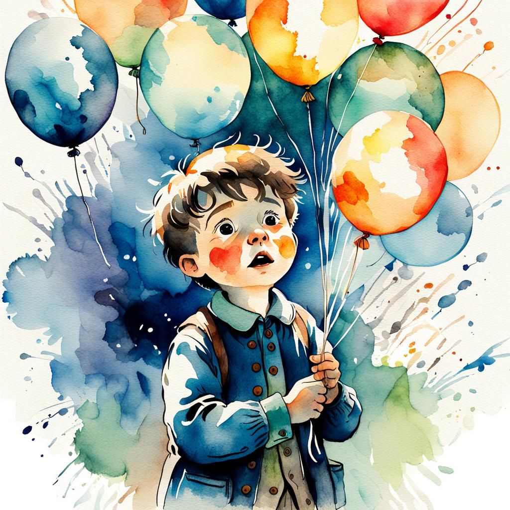 Frightened Boy with Burst Balloon: Watercolor Illustration