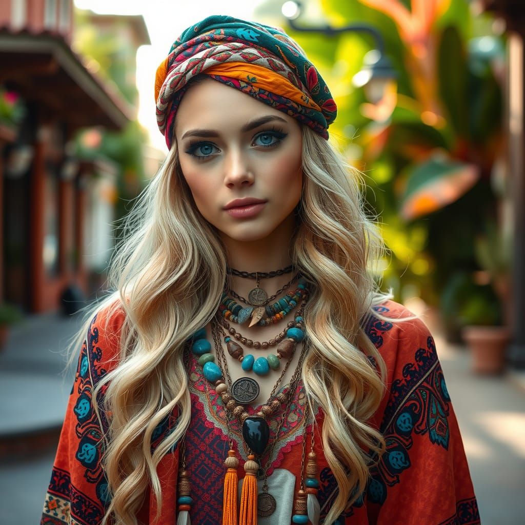 Bohemian Woman with Colorful Headscarf and Jewelry