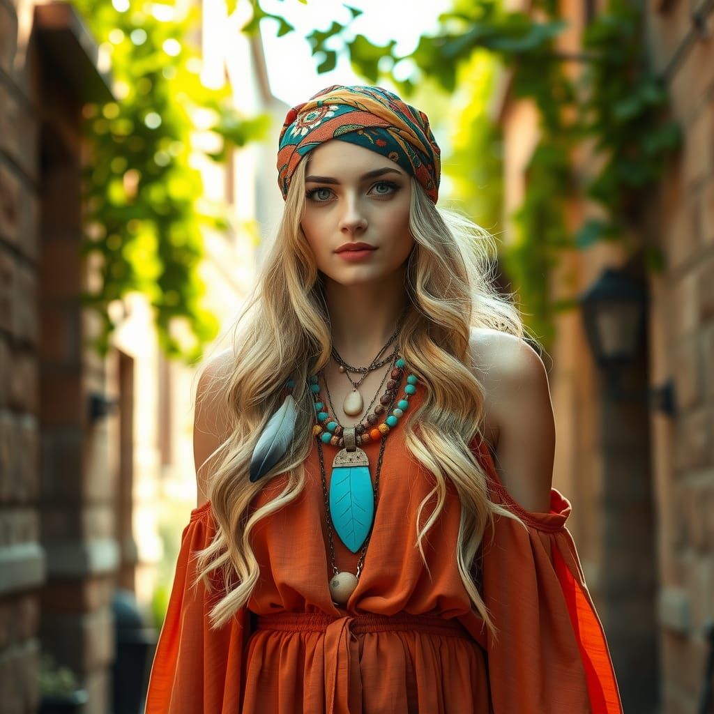 Bohemian Woman with Headscarf in Impressionistic Scene