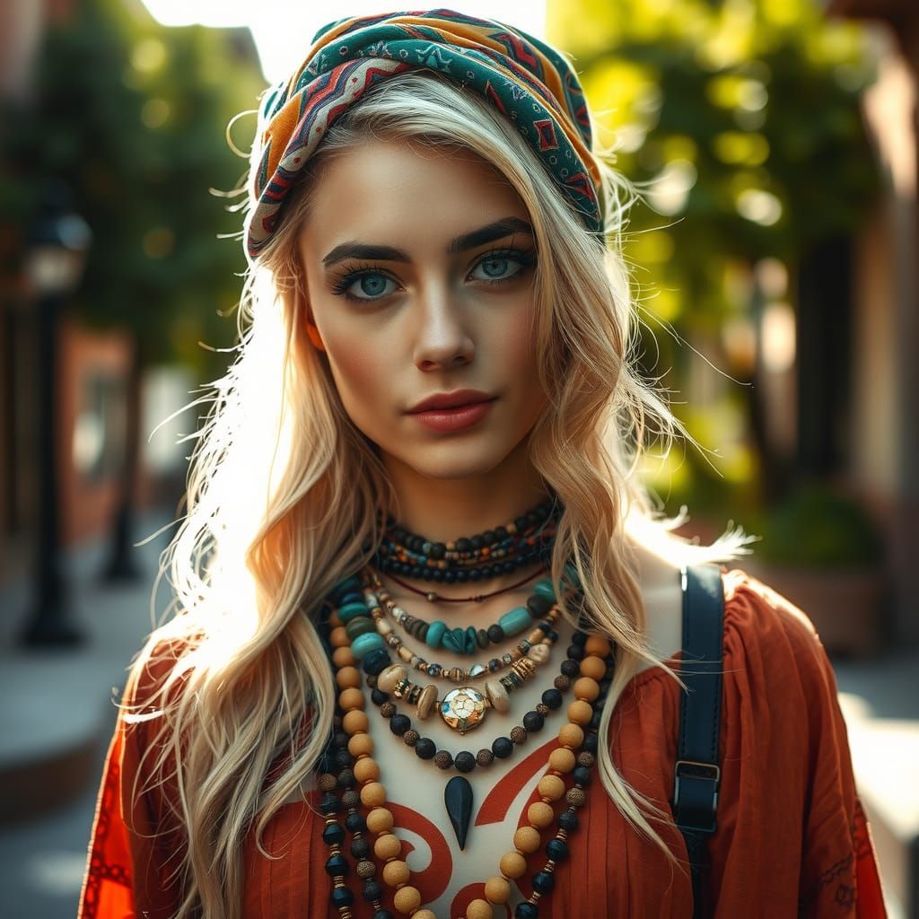 Bohemian Woman with Headscarf in Street Scene