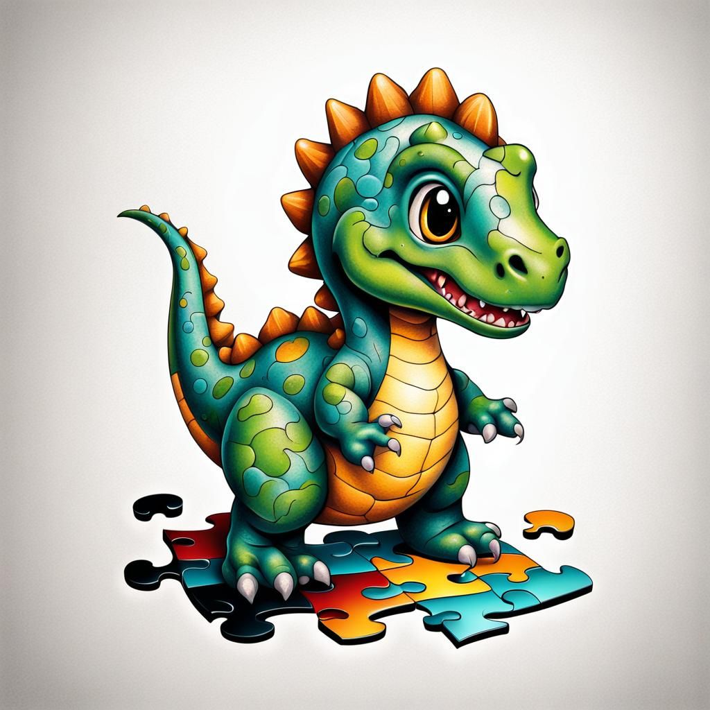 Smiling Baby dinosaur standing on a puzzle piece tattoo
