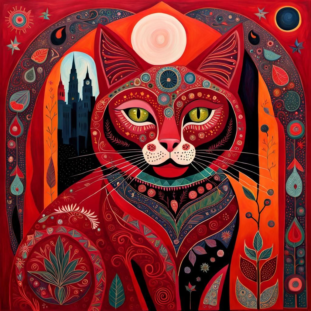 Crimson Cat Whimsical 3D Poster Art