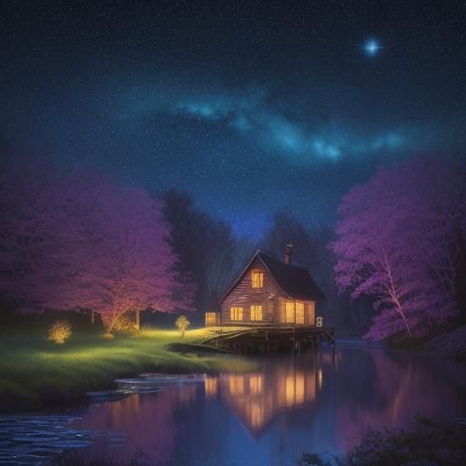 בית קטן על שפת הנחל הזורם ועצים מללבים בצבעים נועזים ואור הלבנה עם כוכבים מאירים 
5