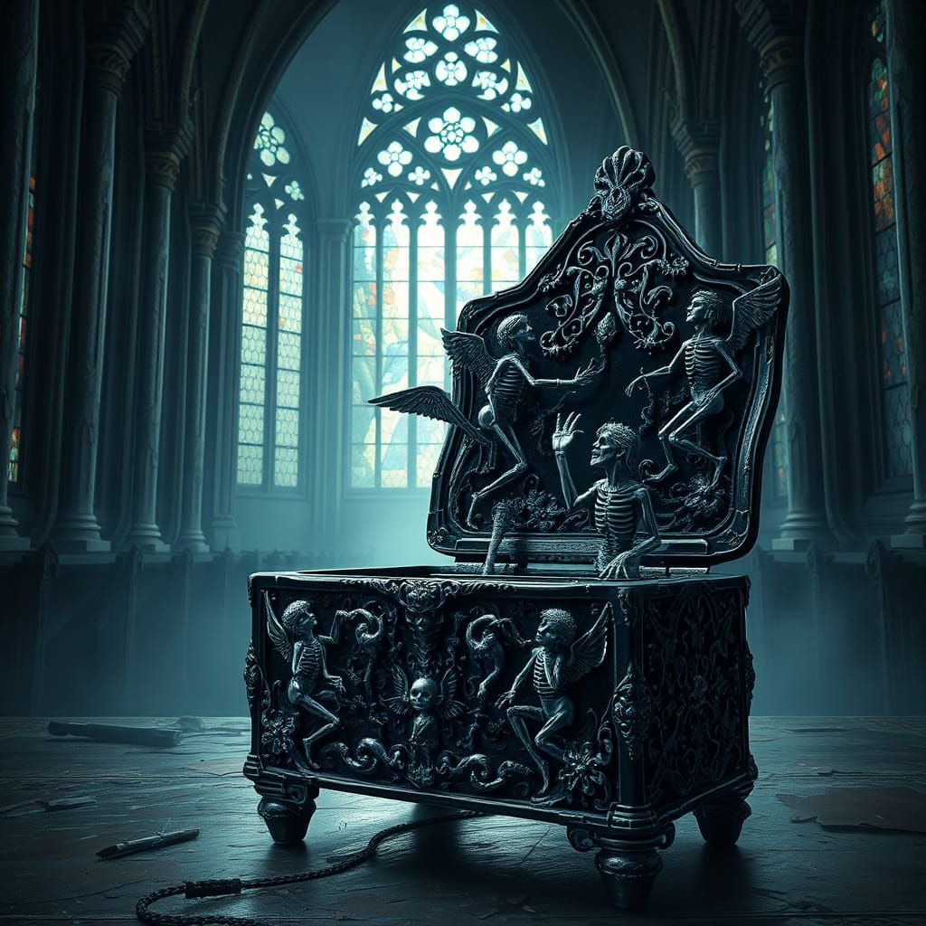 Ethereal Obsidian Music Box in Abandoned Cathedral