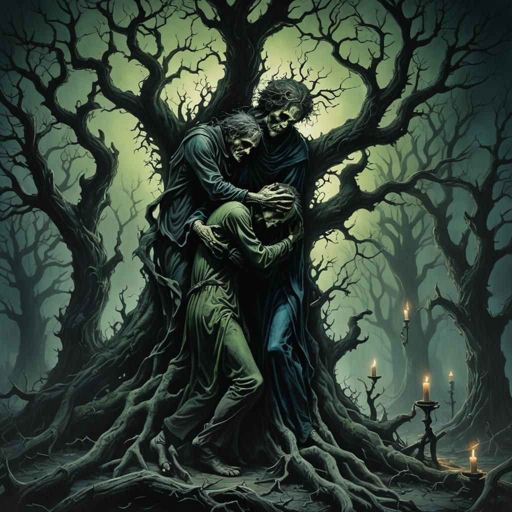 Eerie Gothic Horror Embrace in Dimly Lit Atmosphere