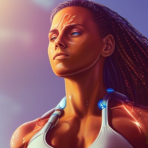 wet tanned big muscular female physique half cyborg enhanced realistic female Alicia Keys face, relaxing, sunny day, bea...