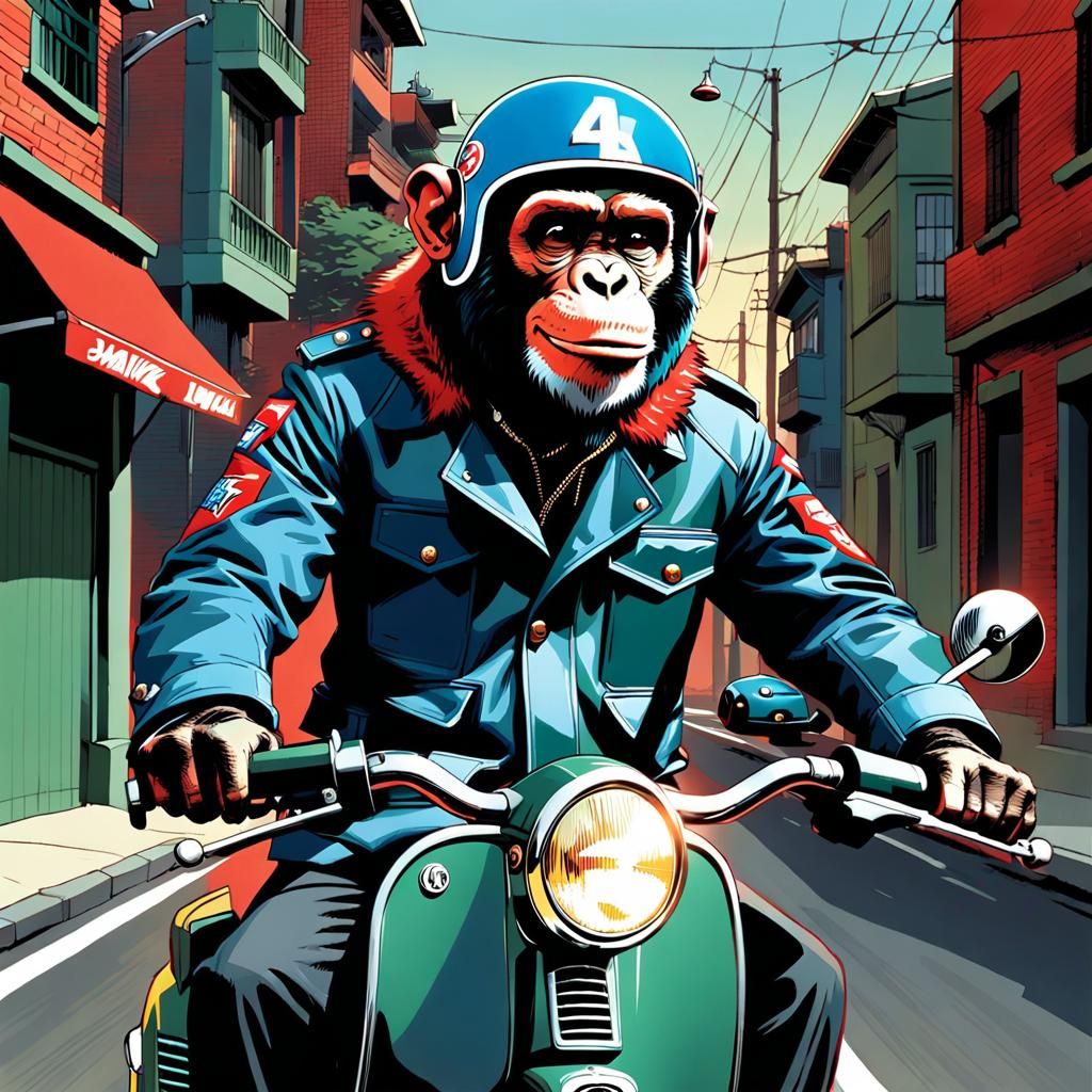 Chimpanzee on Vespa in Jamie Hewlett Comic Style