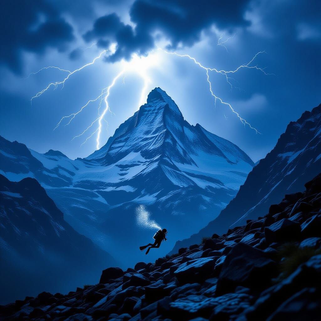 Scuba Diver in Alps During Thunderstorm