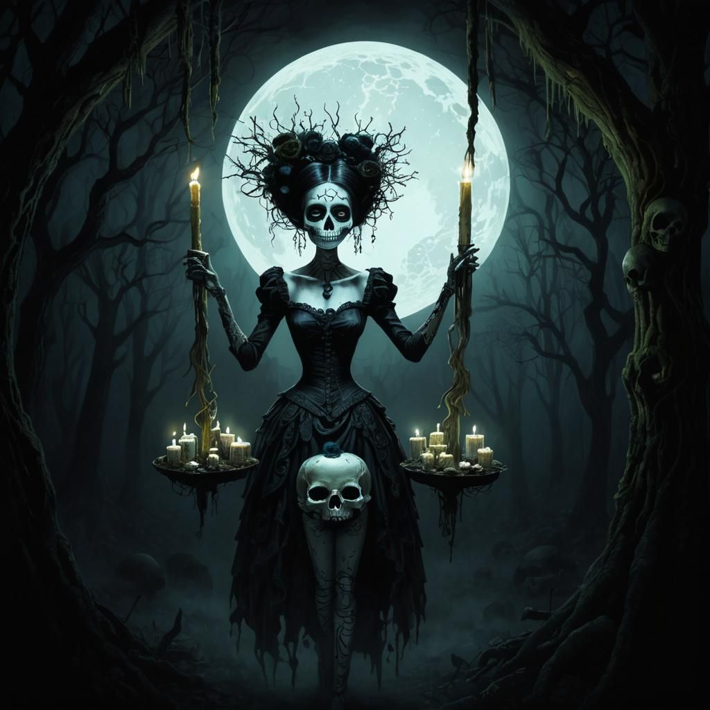 Skull-Faced Woman in Mystical Forest, in Pop Surrealist Styl...