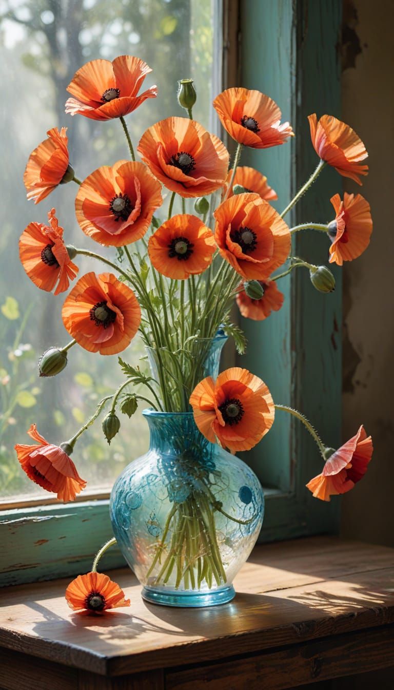 Whimsical Poppies in Glass Vase, Encaustic Watercolor