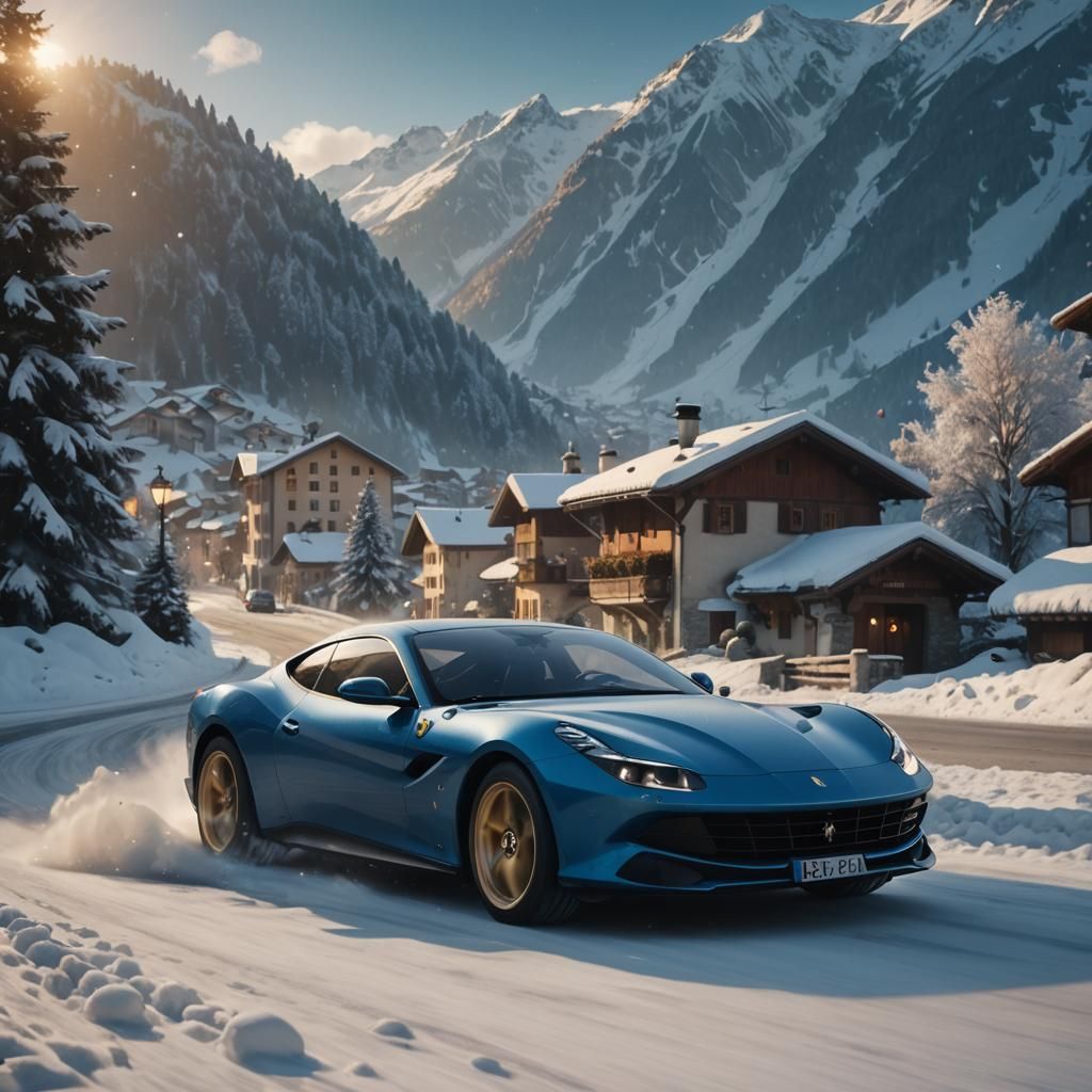 Ferrari Roma in Snowy Swiss Alps: Digital Matte Painting