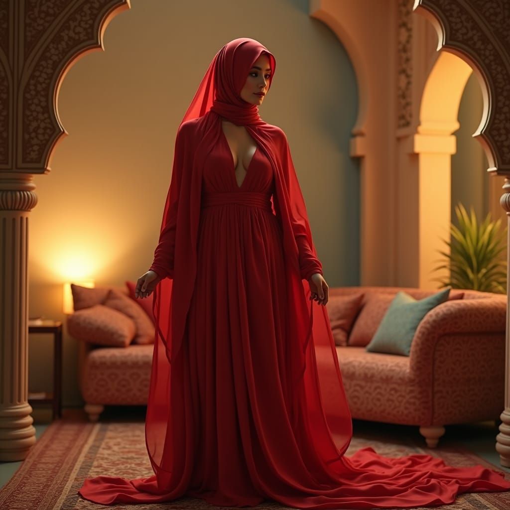 Curvy Arabic Woman in Red Silk Abaya