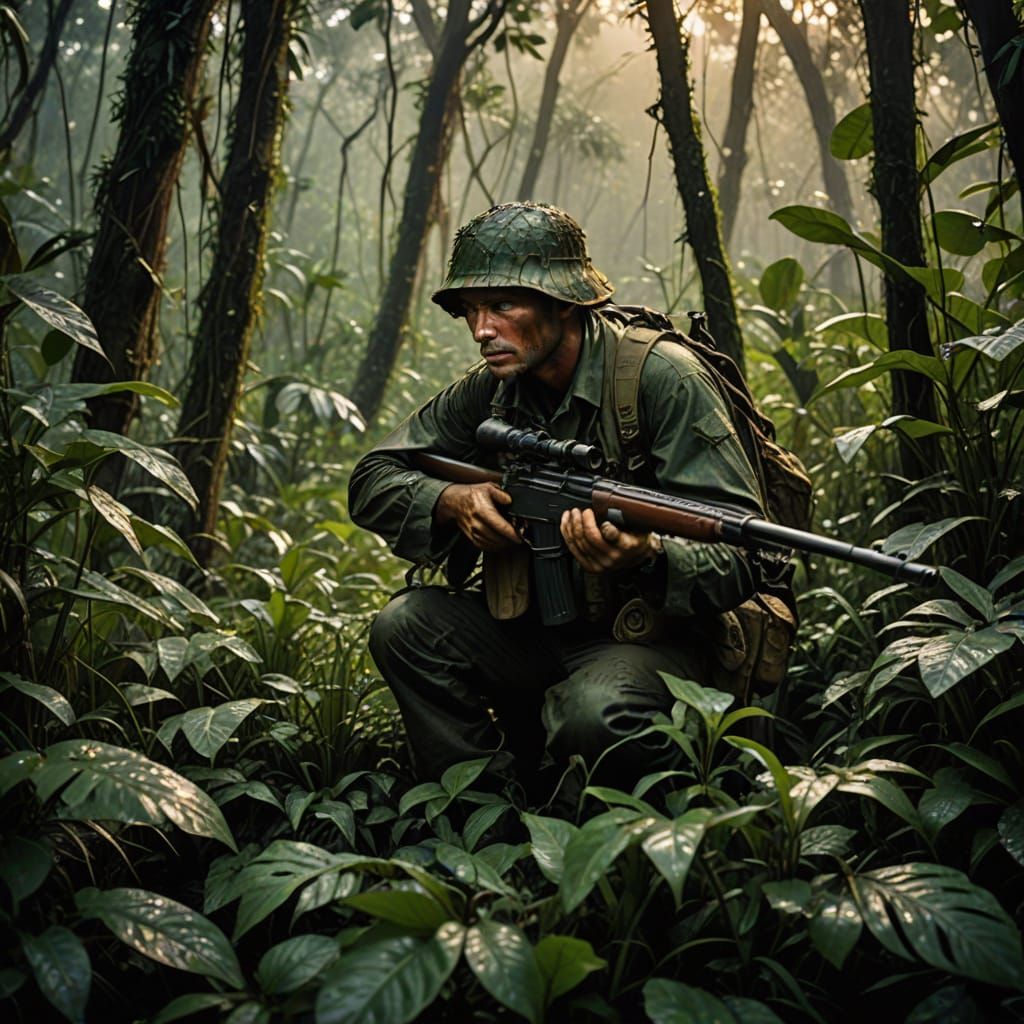 Vietnam War Sniper in Rainy Jungle Landscape