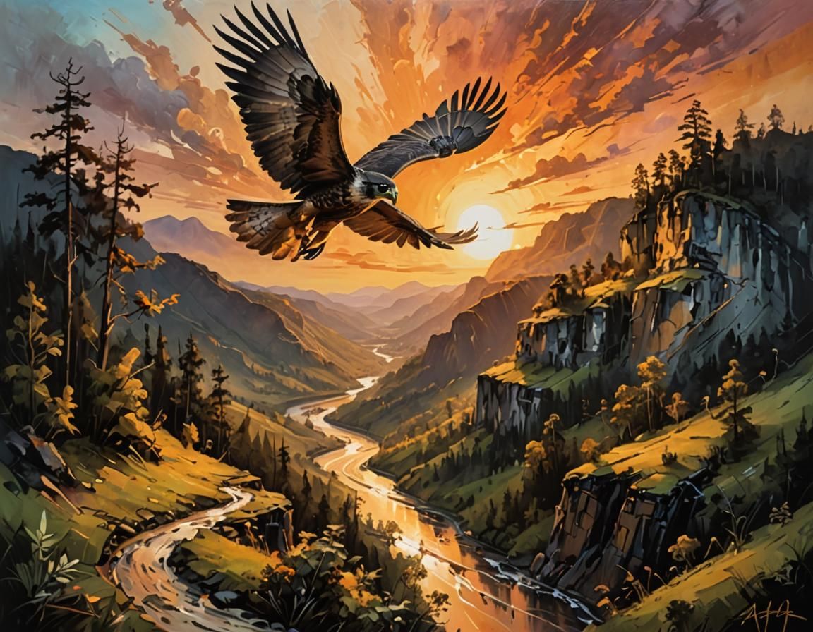 Falcon Soaring Over Valley: Acrylic Painting