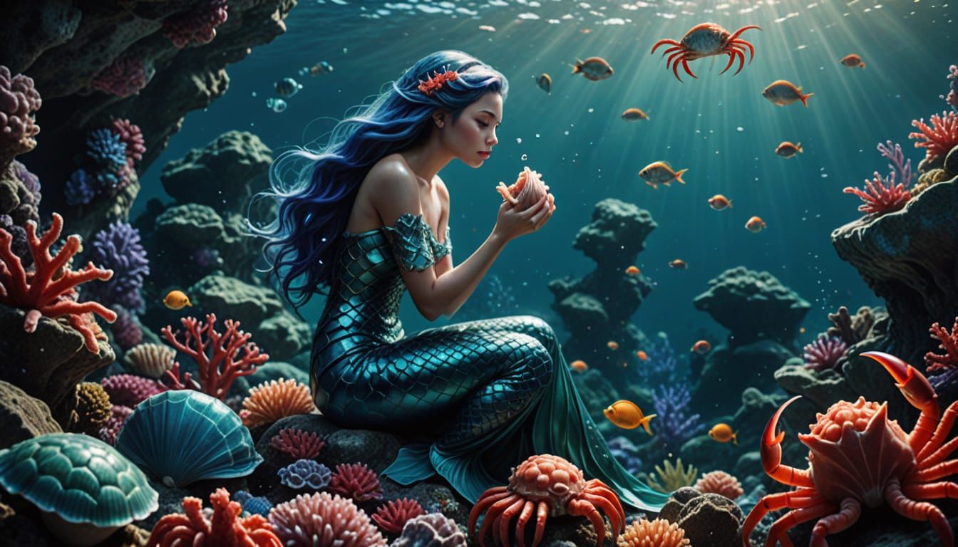 Serene Mermaid Blowing Conch in Underwater Scene