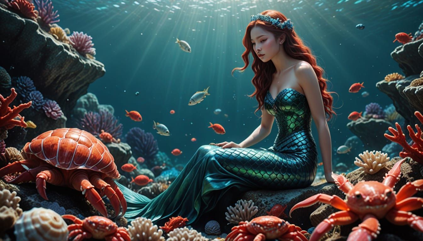Mermaid Blowing Conch Shell in Underwater Scene
