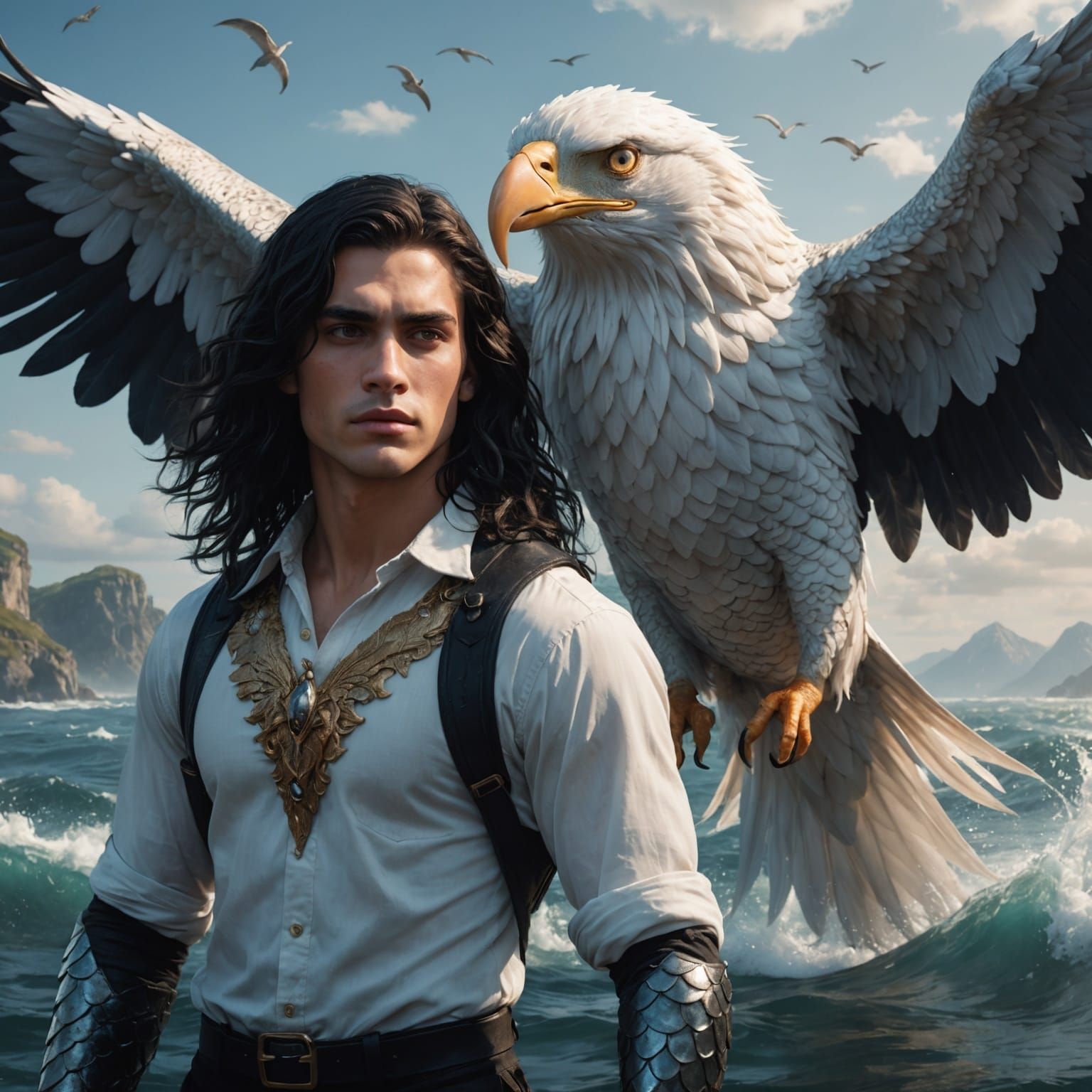 handsome mermaid boy with black long hair carried like a fis...