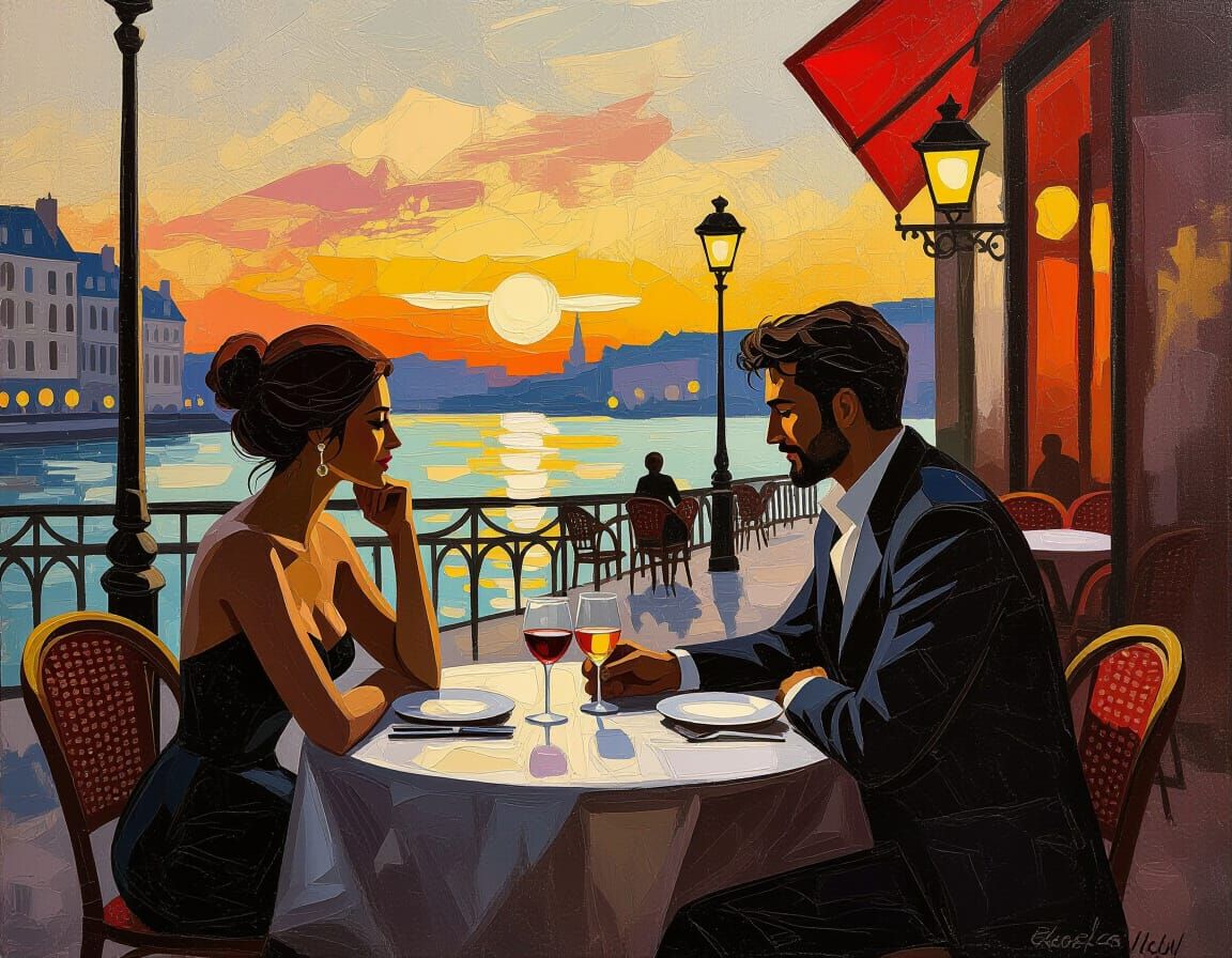 Romantic French Cafe Dinner at Sunset Impasto Painting