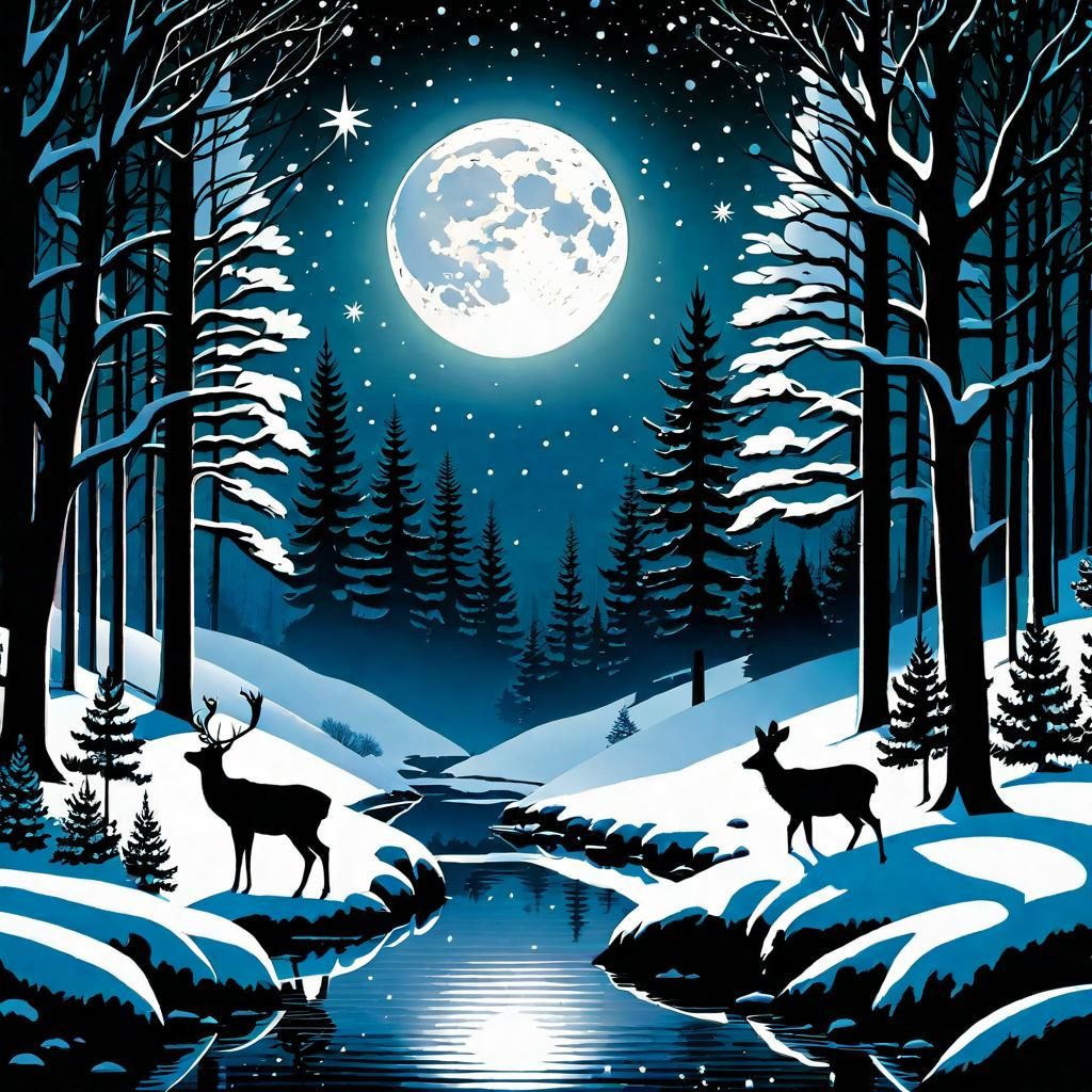 Winter Forest Scene with Deer and Rabbits