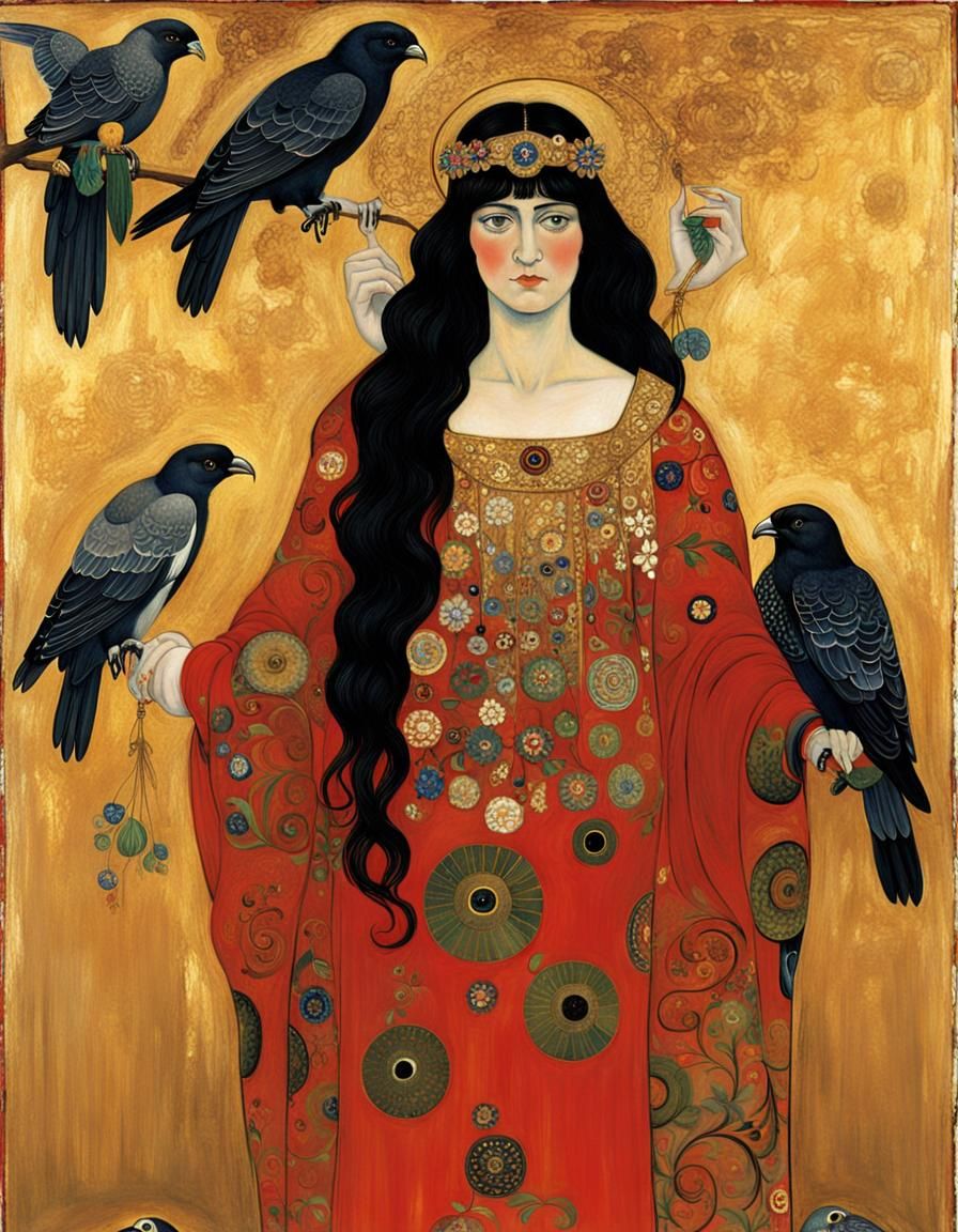 Kriemhild with Falcon in Golden Art Nouveau Style