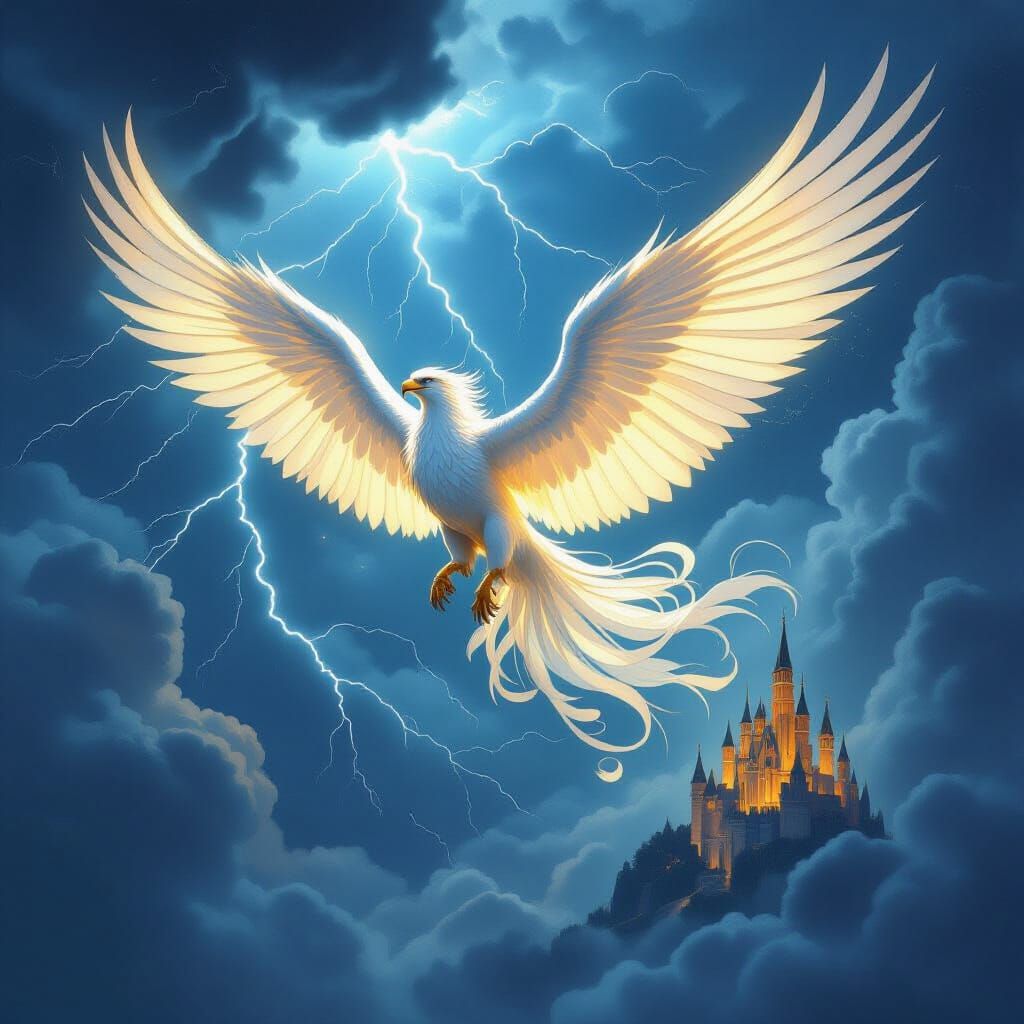 Griffin Soaring Through Stormy Sky in Art Nouveau Style