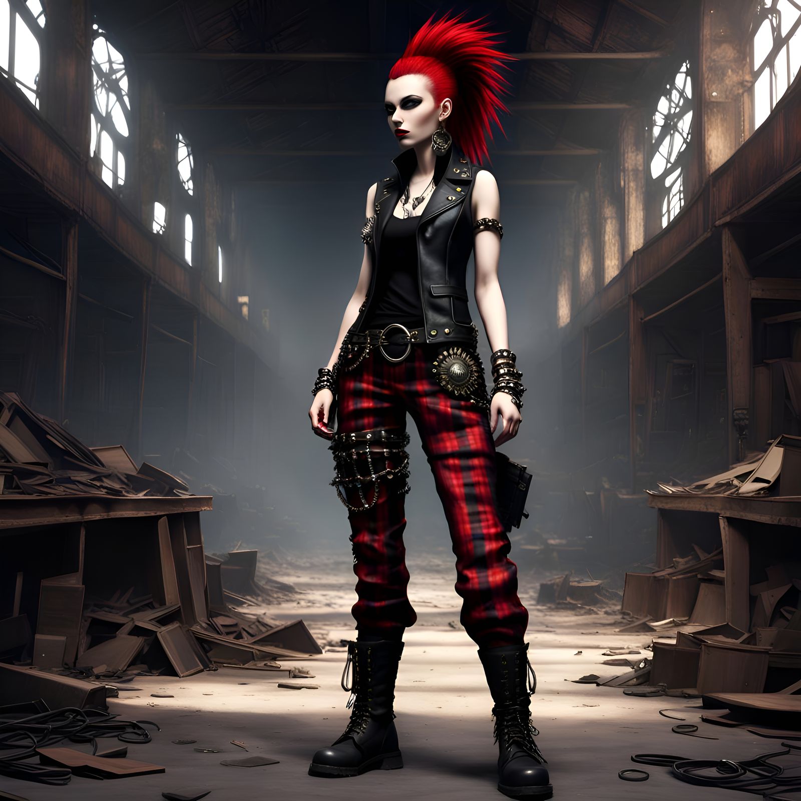 Punk Girl with Mohawk in Warehouse, Detailed Digital Art