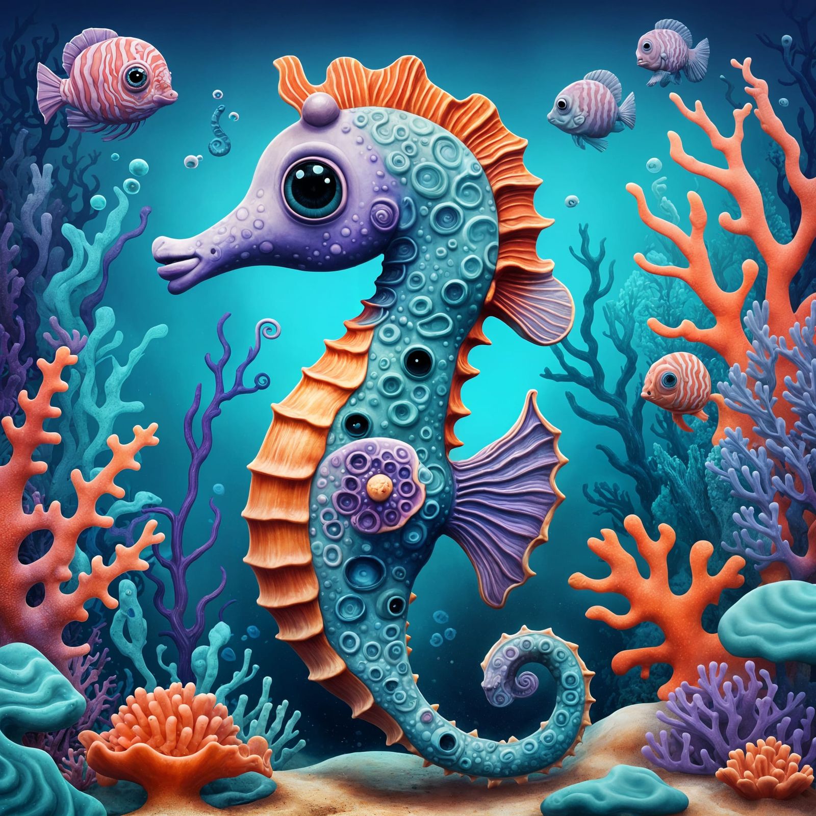 Chibi Seahorse in Pop Surrealist Coral Reef