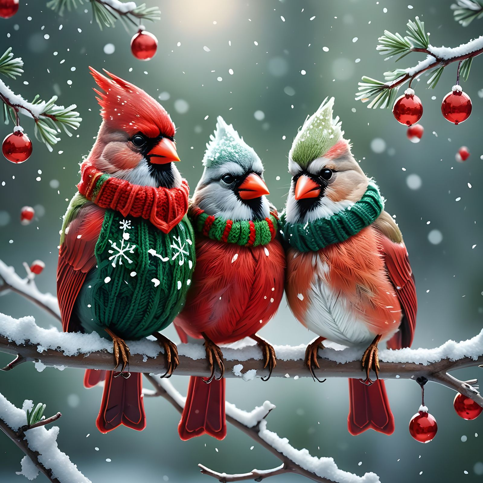 Cardinals in Winter Sweaters: Hyperdetailed Digital Illustra...