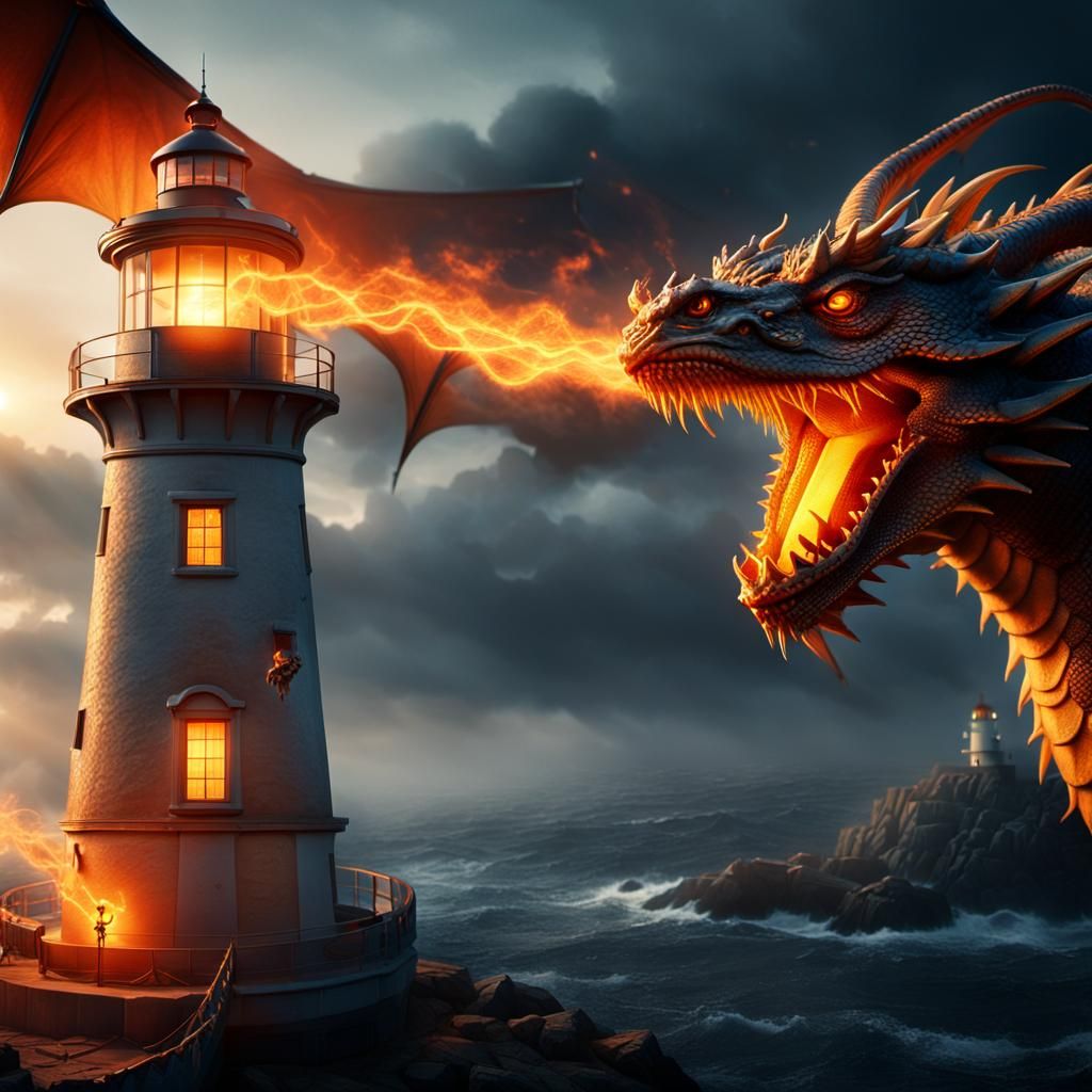 Dragon Perched Atop Lighthouse in Cinematic Style