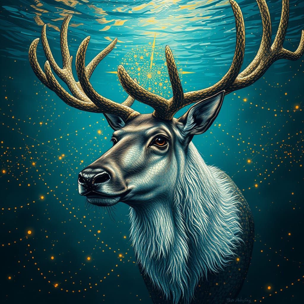 Majestic Caribou King in Ethereal Aquatic Mosaic