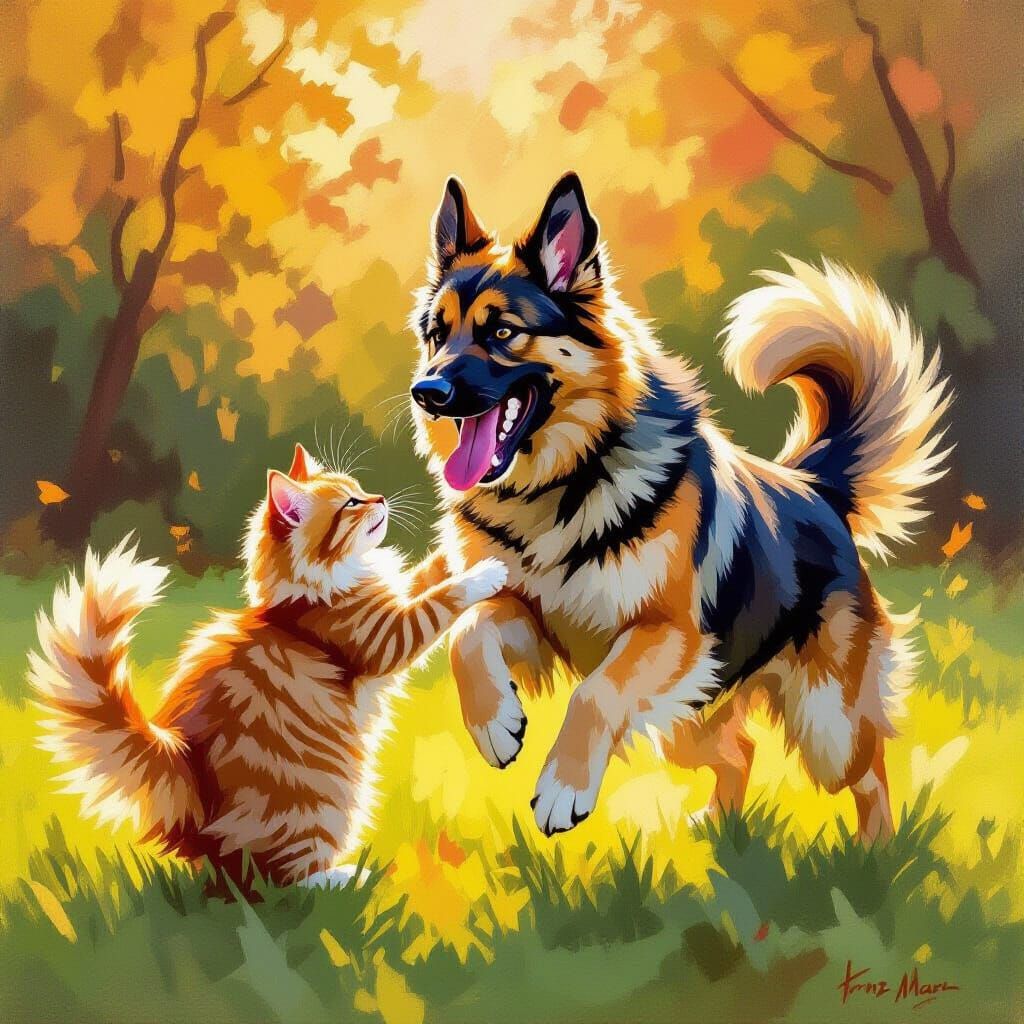 German Shepherd and Ginger Cat Playful Wrestling in Golden H...
